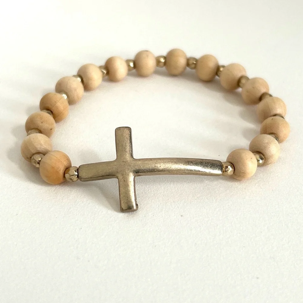 Wood Bead Bracelet with Side Cross - Picture 1 of 2